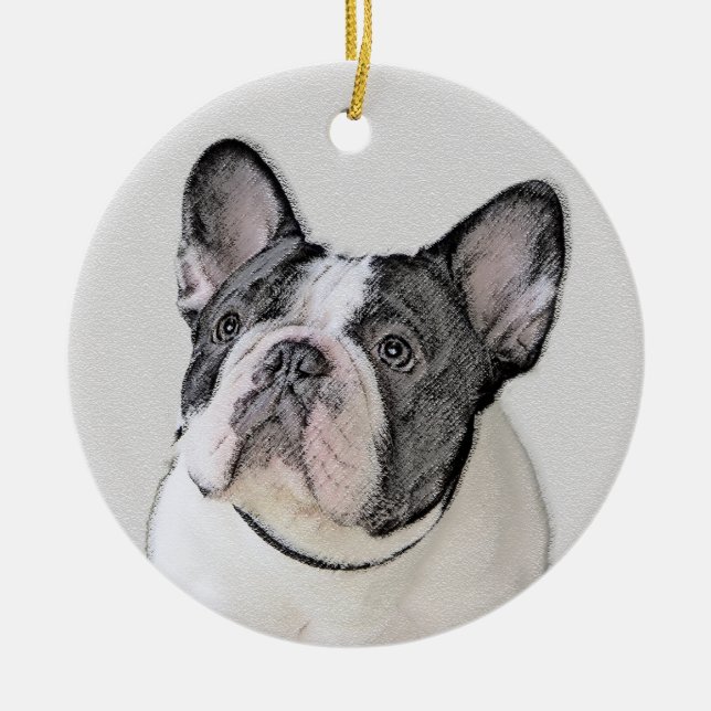 Ornement Rond En Céramique Peinture française de Bulldog (Pied de broche) - A (Devant)