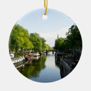 Ornement Rond En Céramique Péniches sur le canal d'Amsterdam