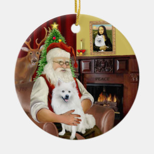 Ornement Rond En Céramique Père Noël - Chien Esquimau Américain