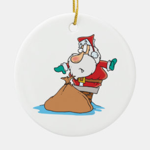 Ornement Rond En Céramique père Noël coincé dans un dessin animé de cheminée