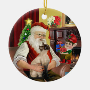 Ornement Rond En Céramique Père Noël - Seal Point Chat siamois