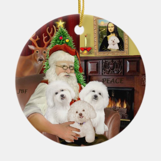 Ornement Rond En Céramique Père Noël - Trois Bichon Frise (Devant)