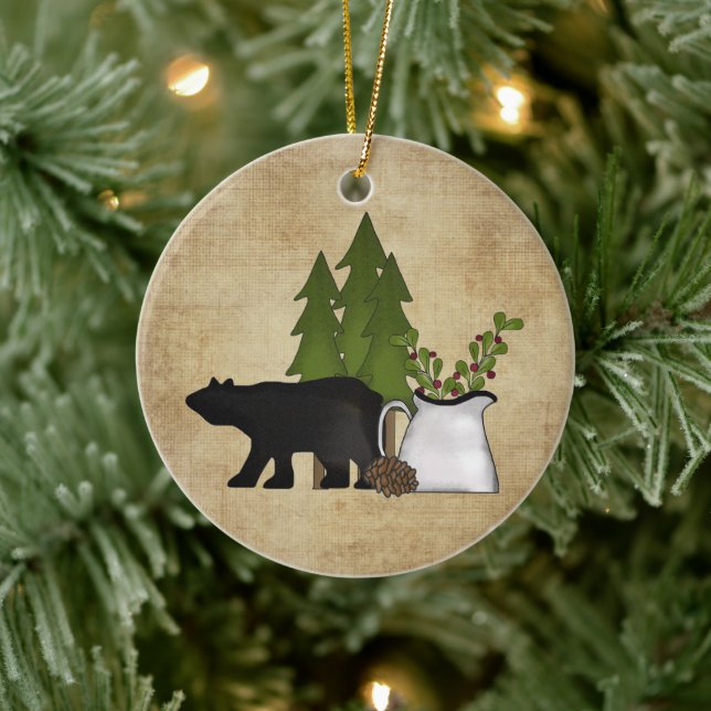 Ornement Rond En Céramique Personalisé Rustic Country Mountain Bear (Arbre)