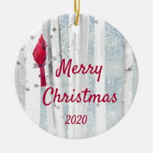 Ornement Rond En Céramique Personnalisé Date Noël Cardinal Bird Birch Tree