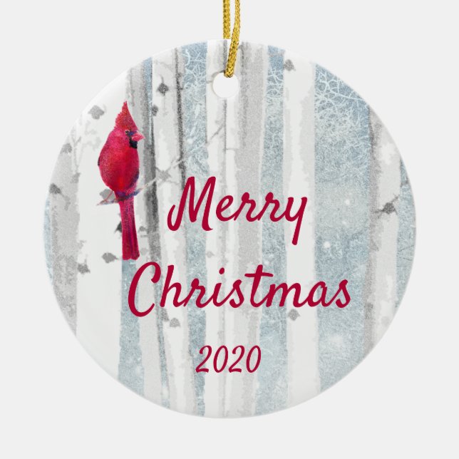 Ornement Rond En Céramique Personnalisé Date Noël Cardinal Bird Birch Tree (Devant)