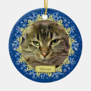 Ornement Rond En Céramique Pet Cat Memorial Blue Snowflop Photo Noël