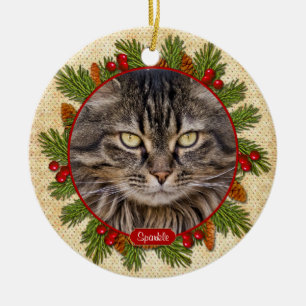 Ornement Rond En Céramique Pet Cat Memorial Pine Boughs Holly Photo Noël