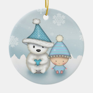 Ornement Rond En Céramique Petit ours polaire et bébé