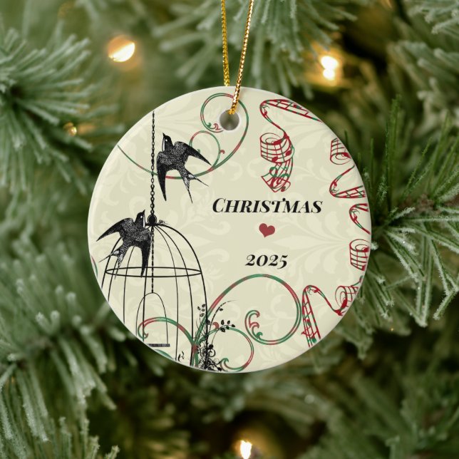 Ornement Rond En Céramique Photo de famille Oiseaux et cage d'oiseaux sur Dam (Arbre)