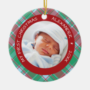 Ornement Rond En Céramique Photo de Noël du bébé du plaid I première
