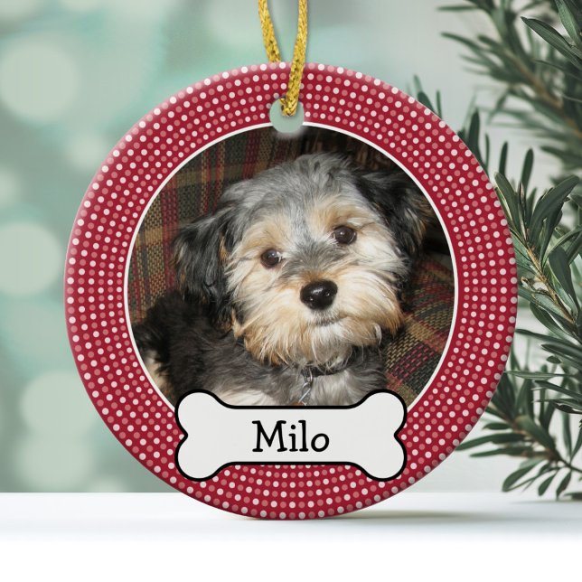 Ornement Rond En Céramique Photo pour animaux de compagnie avec os de chien - (Personalized Christmas Photo Ornament)