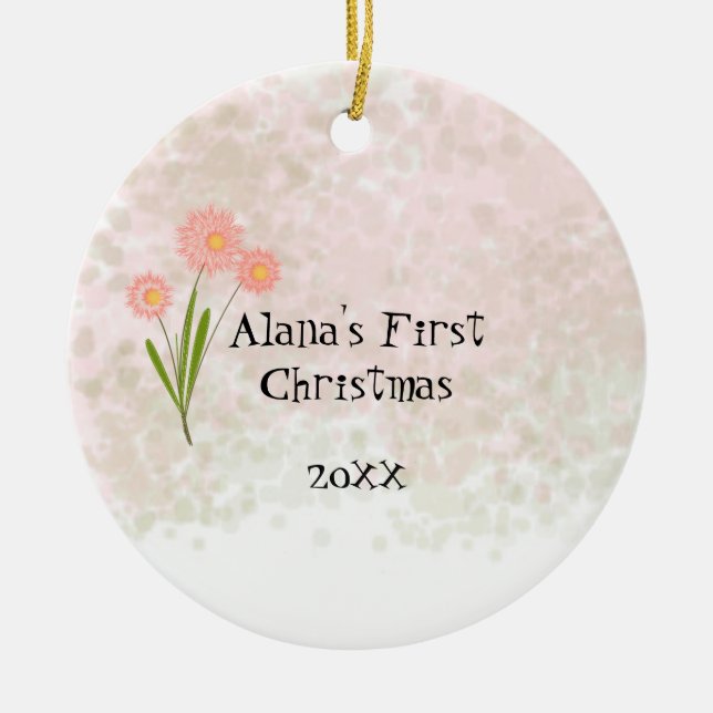 Ornement Rond En Céramique Pink Flowers Baby First Christmas (Devant)