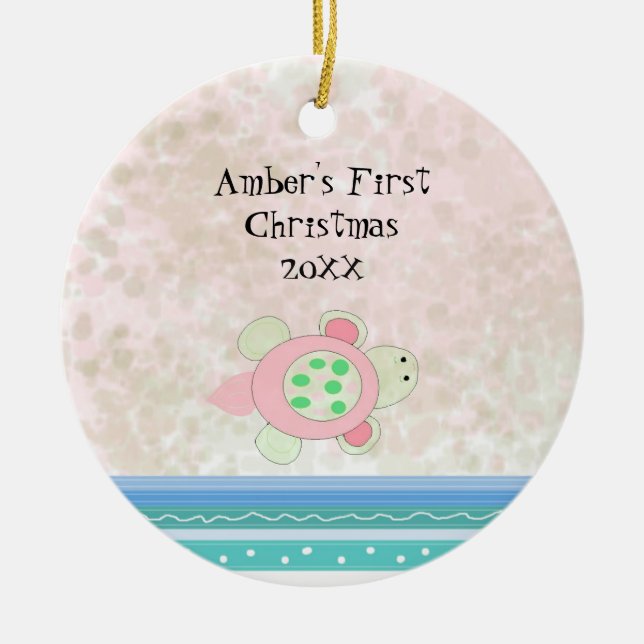 Ornement Rond En Céramique Pink Turtle Baby First Christmas (Devant)