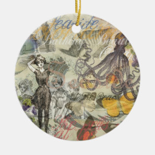 Ornement Rond En Céramique Plage de la Pieuvre Antique Steampunk Côté Mer