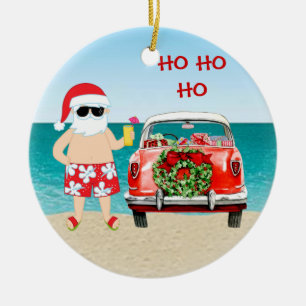 Ornement Rond En Céramique Plage tropicale Père Noël avec Noël classique d