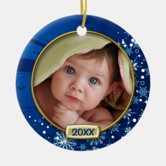 Ornement Rond En Céramique Premier cadre de photo de Noël du bébé