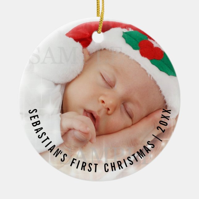 Ornement Rond En Céramique Premier Modèle photo de Noël pour bébé personnalis (Devant)