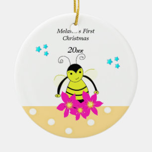 Ornement Rond En Céramique Premier Noël de bébé abeille fantaisiste