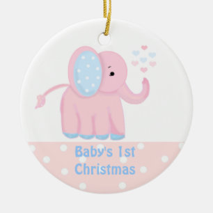 Ornement Rond En Céramique Premier Noël de bébé Éléphant Rose Doux