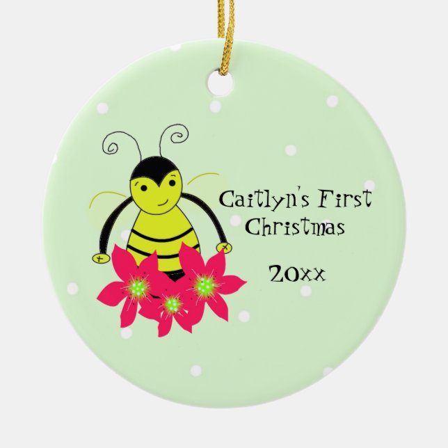 Ornement Rond En Céramique Premier Noël du bébé d'abeille mignonne (Devant)