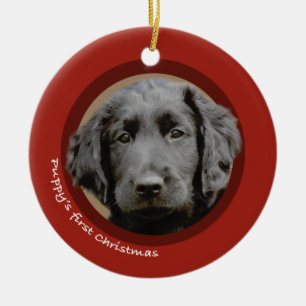 Ornement Rond En Céramique Premier Noël du chiot (chien d'arrêt Plat-Enduit