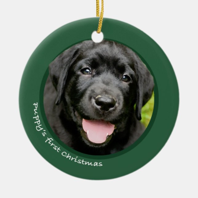 Ornement Rond En Céramique Premier Noël du chiot (labrador retriever) (Devant)