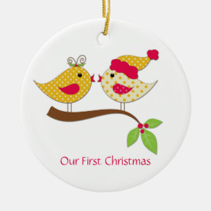 Ornement Rond En Céramique Premier Noël Jaune Polka Inséparables