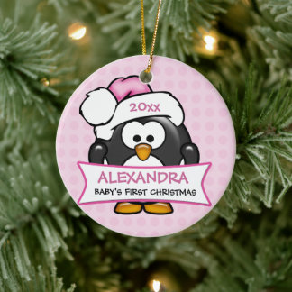 Ornement Rond En Céramique Premier pingouin de Noël pour bébé personnalisé