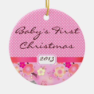 Ornement Rond En Céramique Premier rose Sakura d'ornement de Noël de bébé