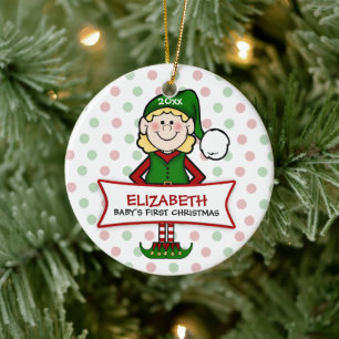 Ornement Rond En Céramique Première fille elfe de Noël du bébé