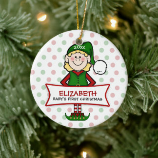 Ornement Rond En Céramique Première fille elfe de Noël du bébé