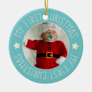 Ornement Rond En Céramique Première photo personnalisée de Noël du bébé