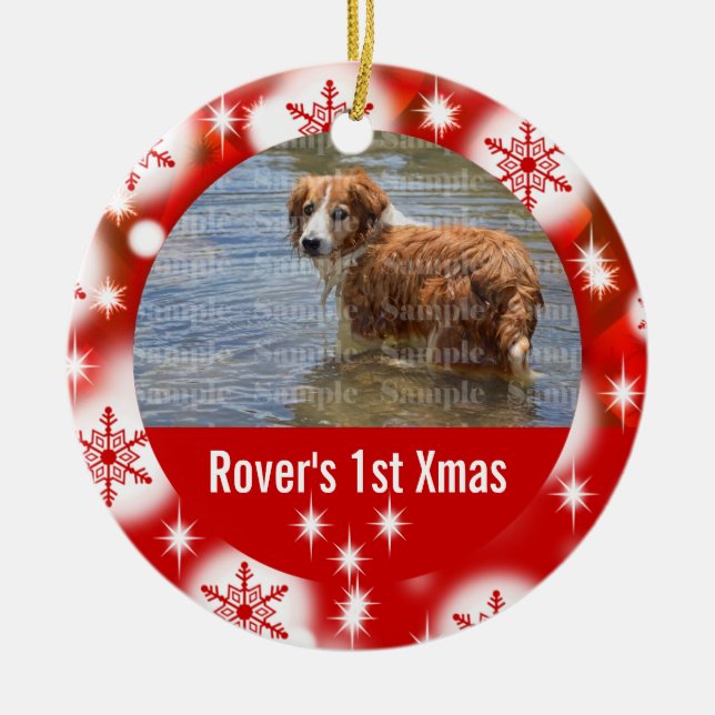 Ornement Rond En Céramique Premiers animaux familiers de photo de Noël (Devant)