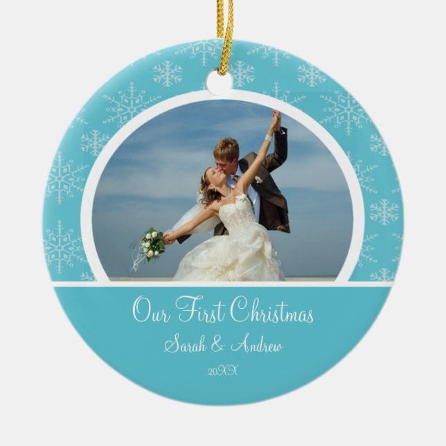 Ornement Rond En Céramique Premiers flocons de neige de bleu d'ornement de (Devant)