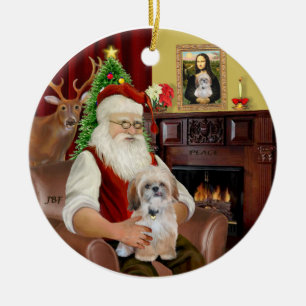 Ornement Rond En Céramique R-Père Noël-Shih Tzu (P)