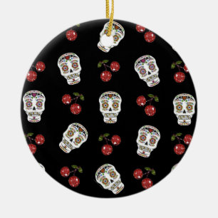 Ornement Rond En Céramique RAB Rockabilly Sugar Skulls Cherries On Black
