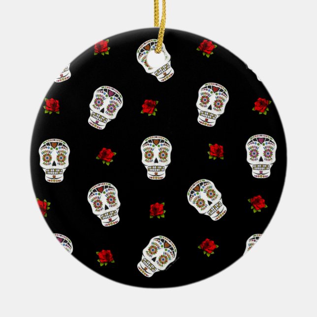 Ornement Rond En Céramique RAB Rockabilly Sugar Skulls Roses On Black (Devant)