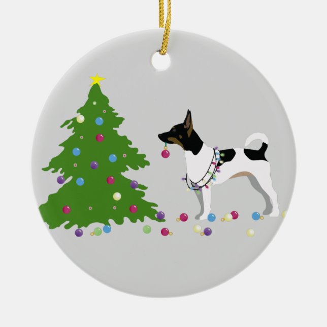 Ornement Rond En Céramique Rat Terrier Silhouette Design de Noël (Devant)