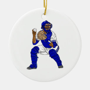 Ornement Rond En Céramique Receveur bleu de base-ball