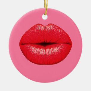 Ornement Rond En Céramique Red Lipstick big pop art lips on girly pink