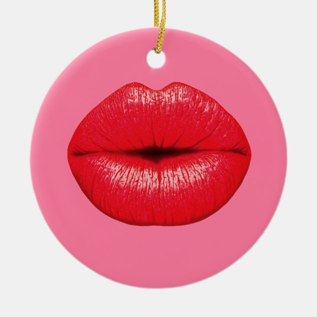 Ornement Rond En Céramique Red Lipstick big pop art lips on girly pink (Devant)