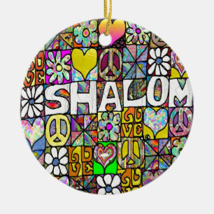 Ornement Rond En Céramique Retro 60s Psychedelic Shalom LOVE