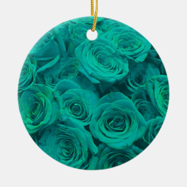 Ornement Rond En Céramique Romantique élégant turquoise - roses verts (Devant)
