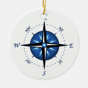 Ornement Rond En Céramique Rose de boussole bleu