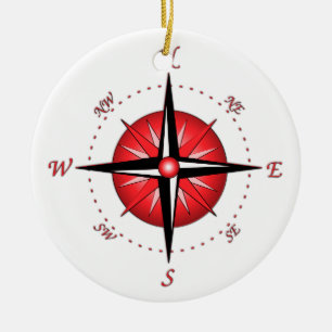 Ornement Rond En Céramique Rose de boussole rouge