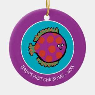 Ornement Rond En Céramique Rose et poissons à pois oranges