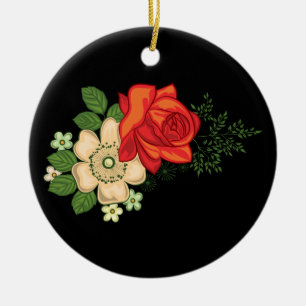 Ornement Rond En Céramique Rose rouge et marguerites sur fond noir