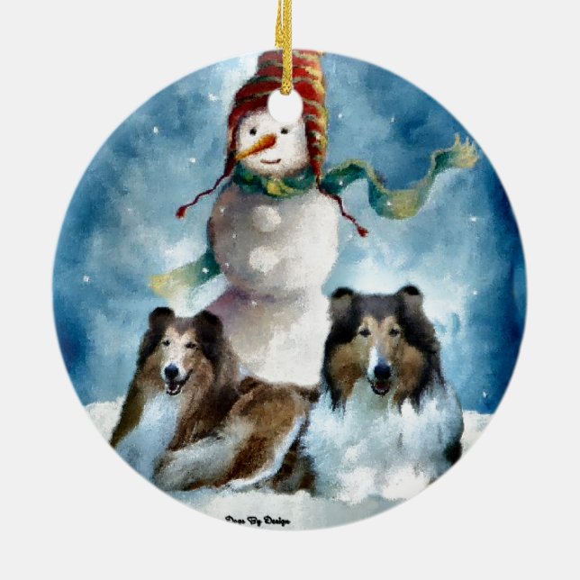 Ornement Rond En Céramique Rough Collie avec Snowman Christmas (Dos)