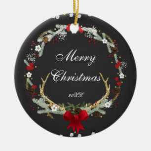 Ornement Rond En Céramique Russe Noël Antler Wreath Fête Personnalisé