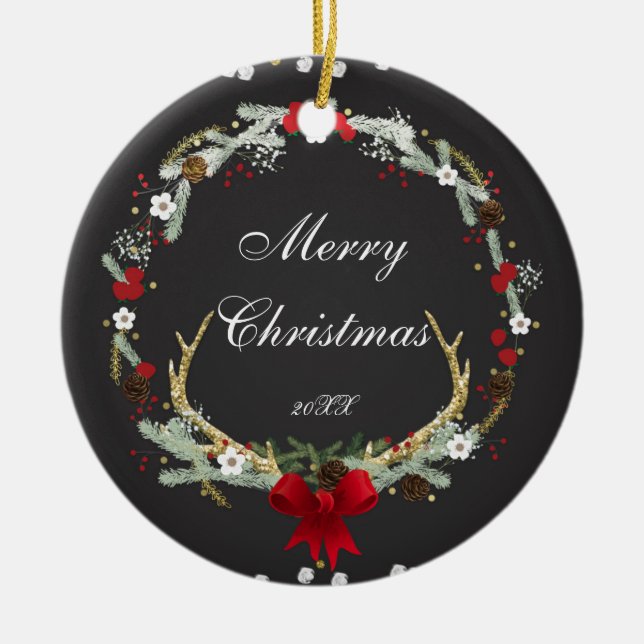Ornement Rond En Céramique Russe Noël Antler Wreath Fête Personnalisé (Devant)